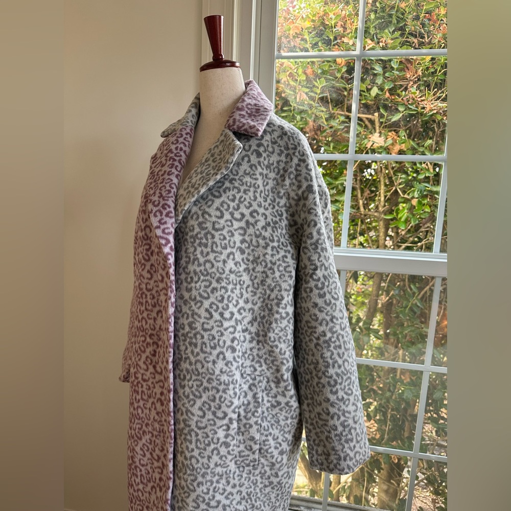 ASOS DESIGN PETITE Mix Gray Pink Leopard Cheetah Animal Print Brushed Coat - Picture 7 of 14